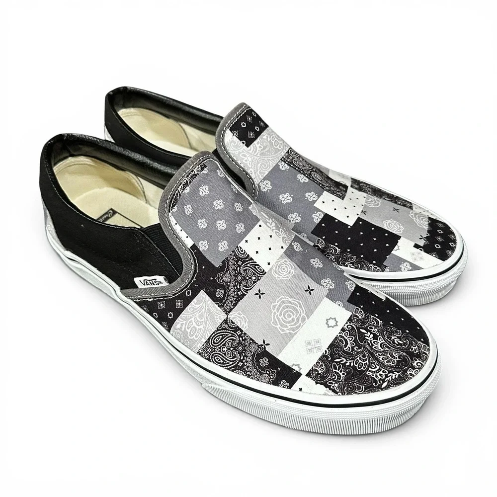 Vans Slip Ons Black & White Patchwork Bandana Shoes - Mens 9.5 / Womens 11 - EUC